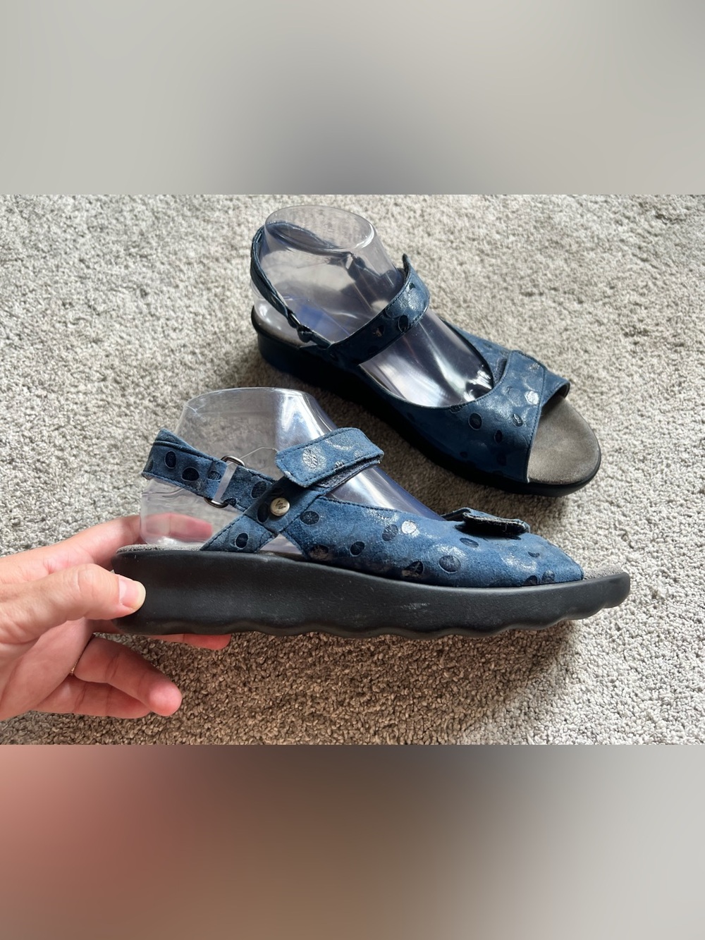 Wolky Pichu Sz 41 Blue Circle Leather Adjustable Slingback Wedge Sandals Strappy